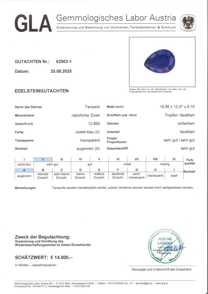 Gutachten zu Tansanit Tropfen intensives Blau 12,89 ct.
