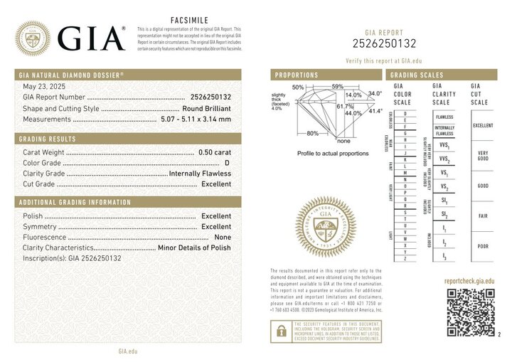 Gutachten zu Diamant Brillant hochfeines Weiss+ D lupenrein 0,50 ct