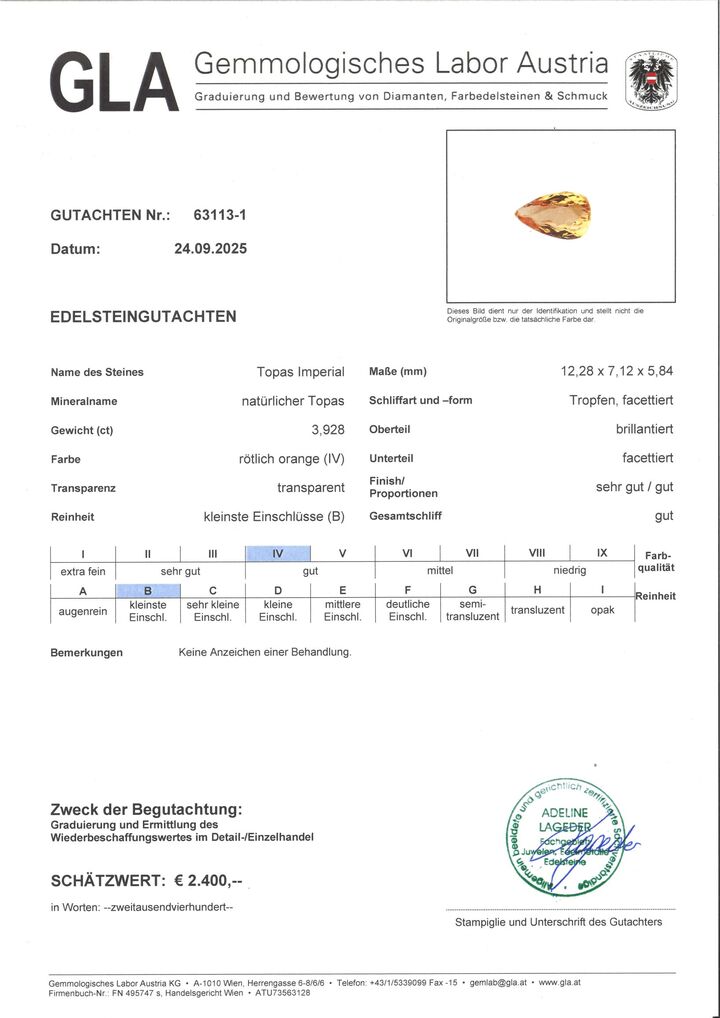 Gutachten zu imperial Topaz pear orange 3.92 ct