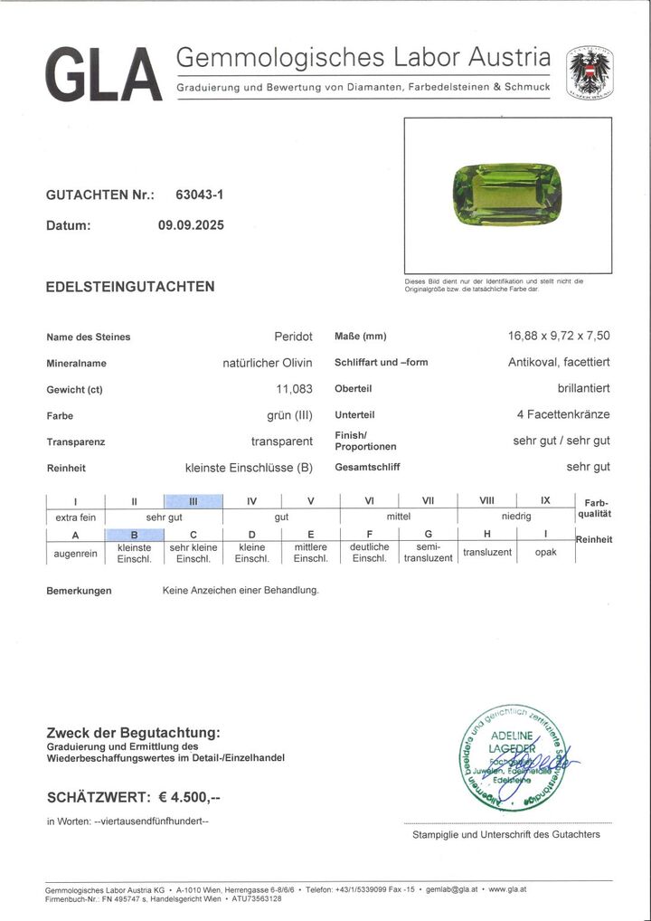 Gutachten zu Peridot antik intensives Grün 11,08 ct.