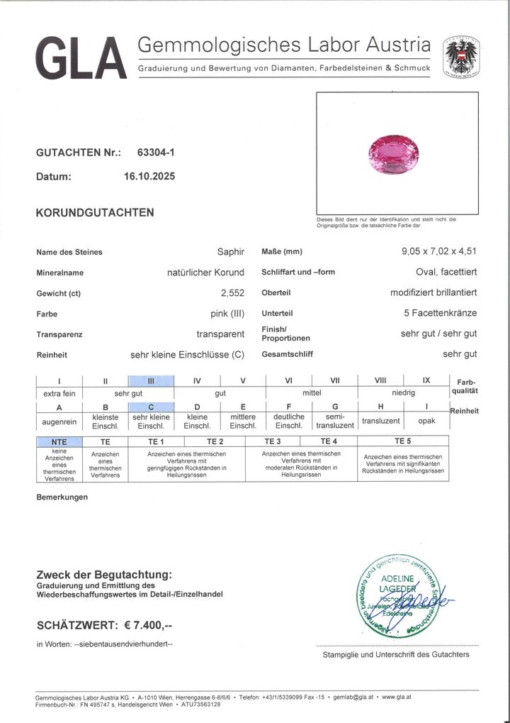 Gutachten zu Sapphire oval vivid pink untreated 2.55 ct.