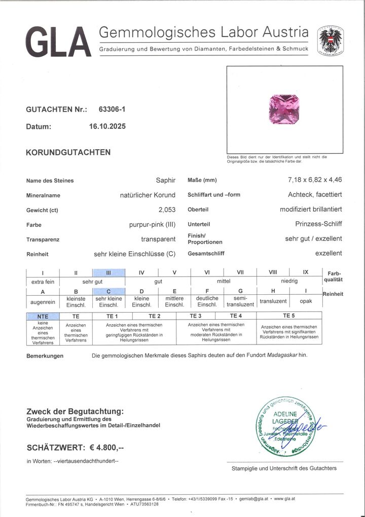 Gutachten zu Saphir octagon purpur-pink ungebrannt 2,05 ct.