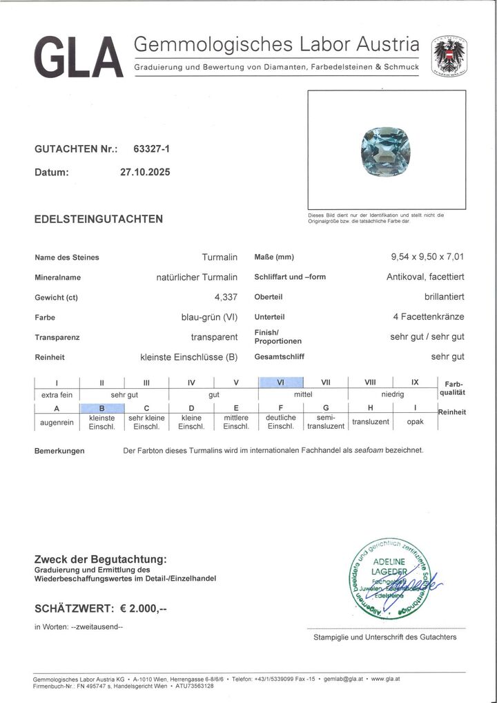 Gutachten zu Tourmaline cushion blue green seafoam 4.33 ct.