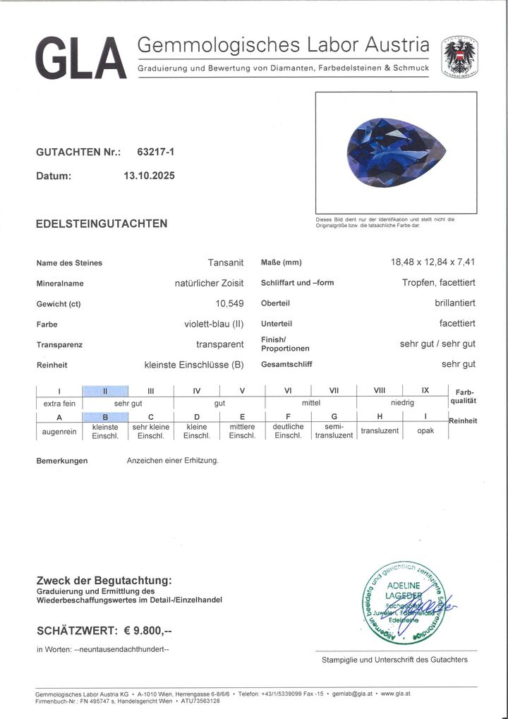 Gutachten zu Tansanit Tropfen intensives Blau 10,54 ct.