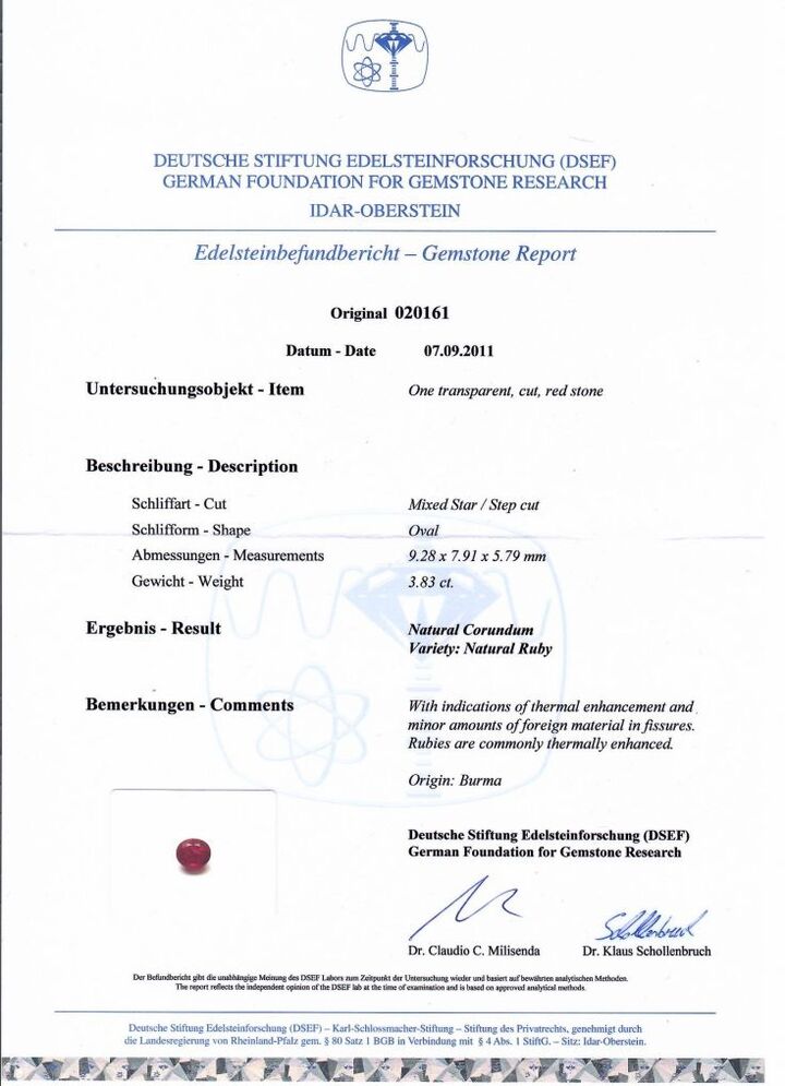 Gutachten zu Burma Rubin oval intensives pink-rot 3,83 ct.