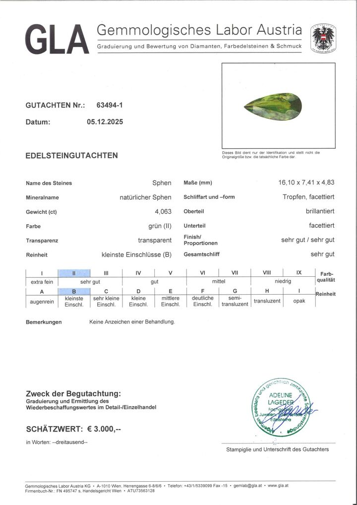 Gutachten zu Sphen Tropfen grün 4,04 ct.