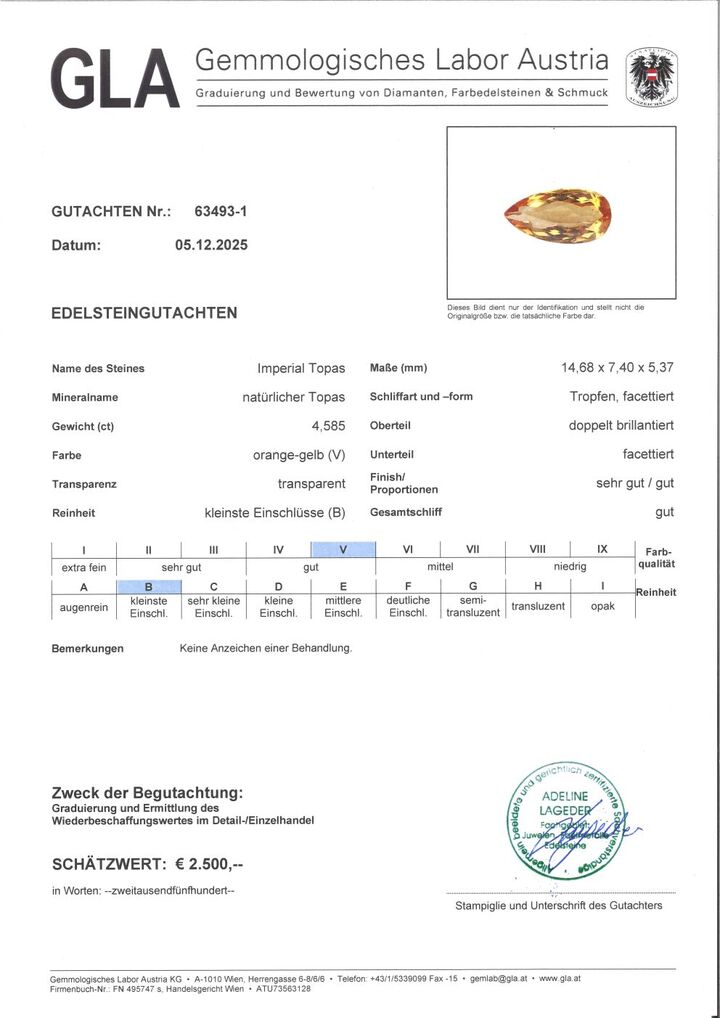 Gutachten zu Imperial Topas Tropfen orangegelb 4,58 ct.