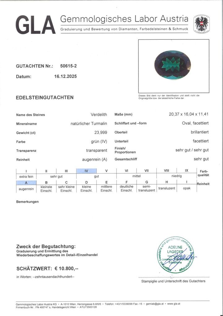 Gutachten zu Green Tourmaline Tourmaline oval green 23.99 ct