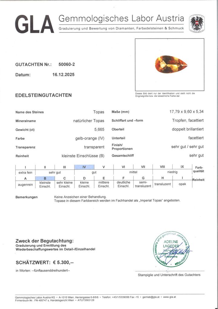 Gutachten zu Imperial-Topas pear yellow orange 5.66 ct