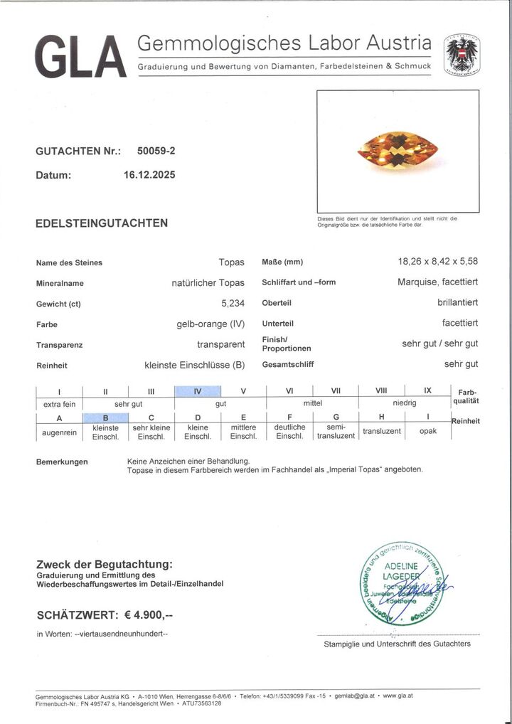 Gutachten zu Imperial-Topas marquise yellow orange 5.23 ct