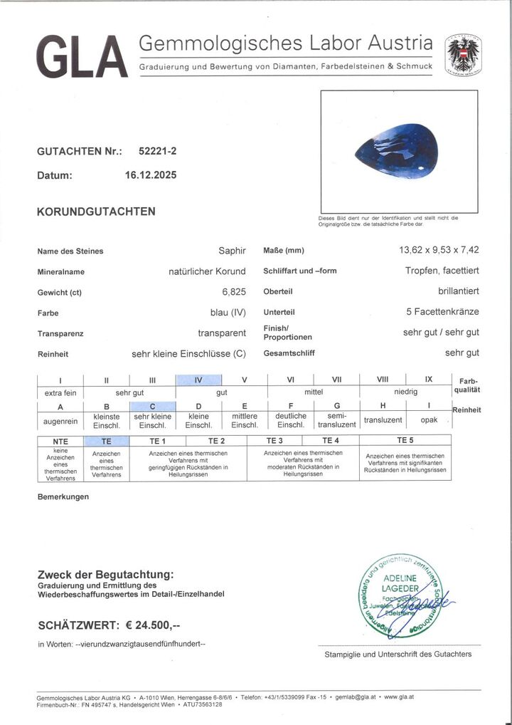 Gutachten zu Sapphire Korund pear blue 6.82 ct