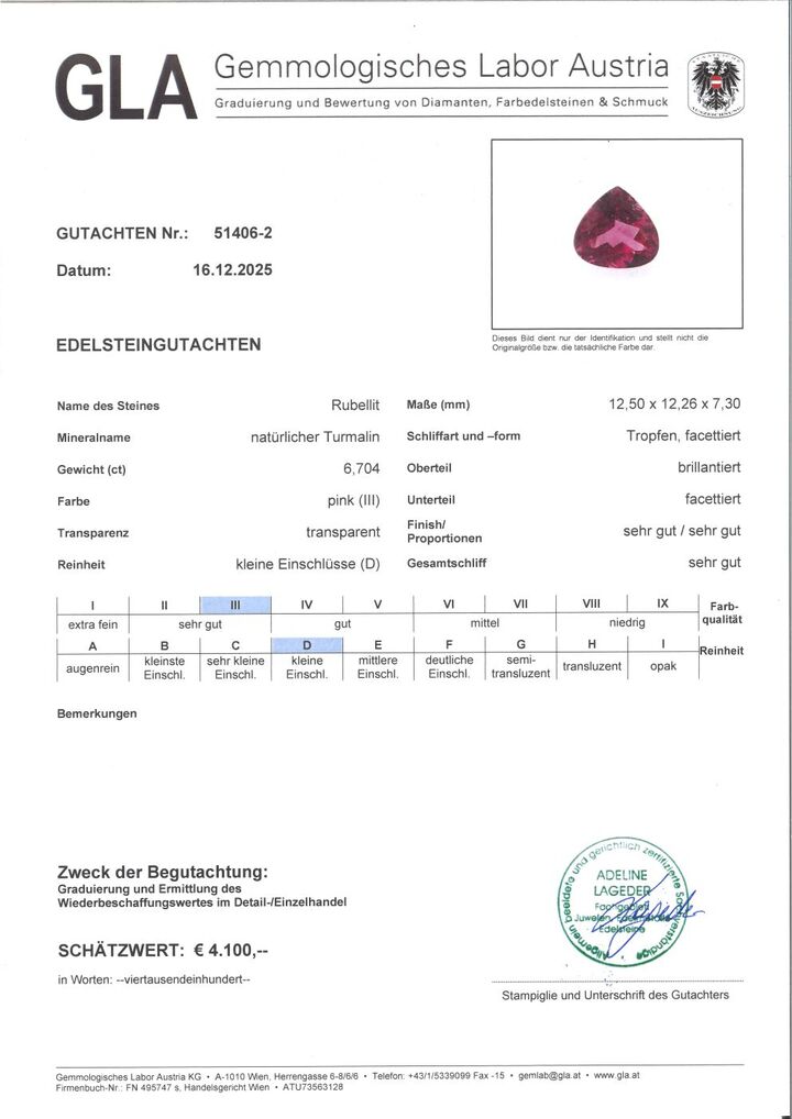 Gutachten zu Rubellite Tourmaline pear vivid pink 6.70 ct.