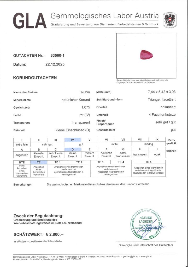 Gutachten zu Burma Ruby trillion red 1.07 ct