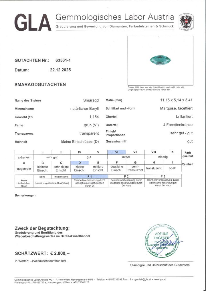 Gutachten zu Emerald marquise green 1.16 ct