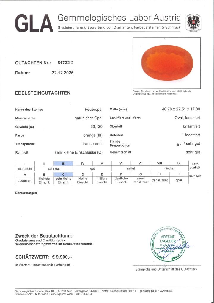 Gutachten zu Feueropal oval orange 68,12 ct.