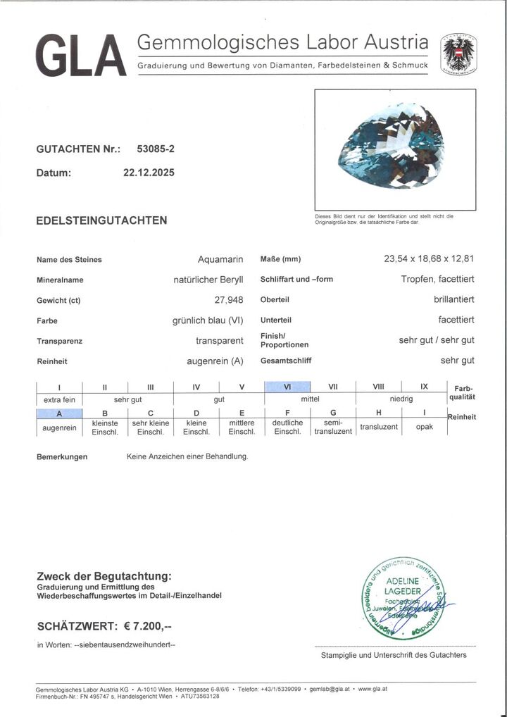 Gutachten zu Aquamarin Tropfen hellblau ungebrannt 27,94 ct