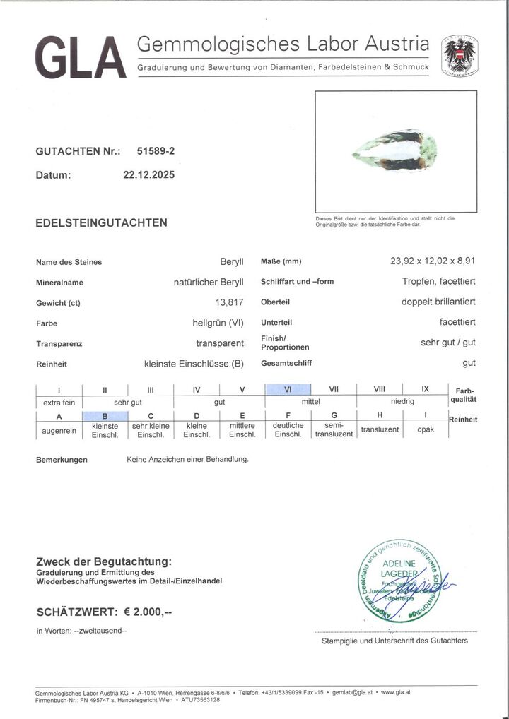 Gutachten zu Beryl pear light green 13.81 ct