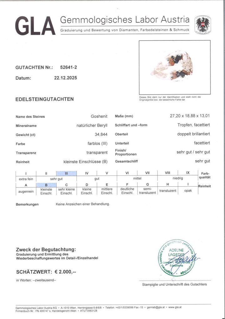 Gutachten zu Edelberyll Goshenit Tropfen farblos-getönt 34,84 ct