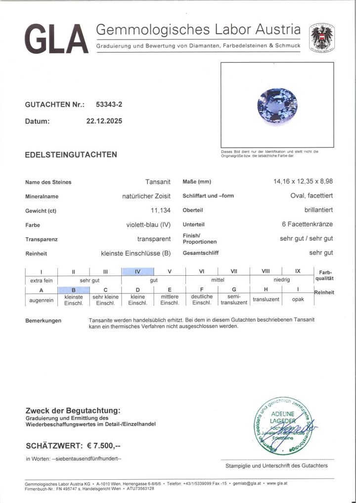 Gutachten zu Tanzanite oval blue 11.13 ct