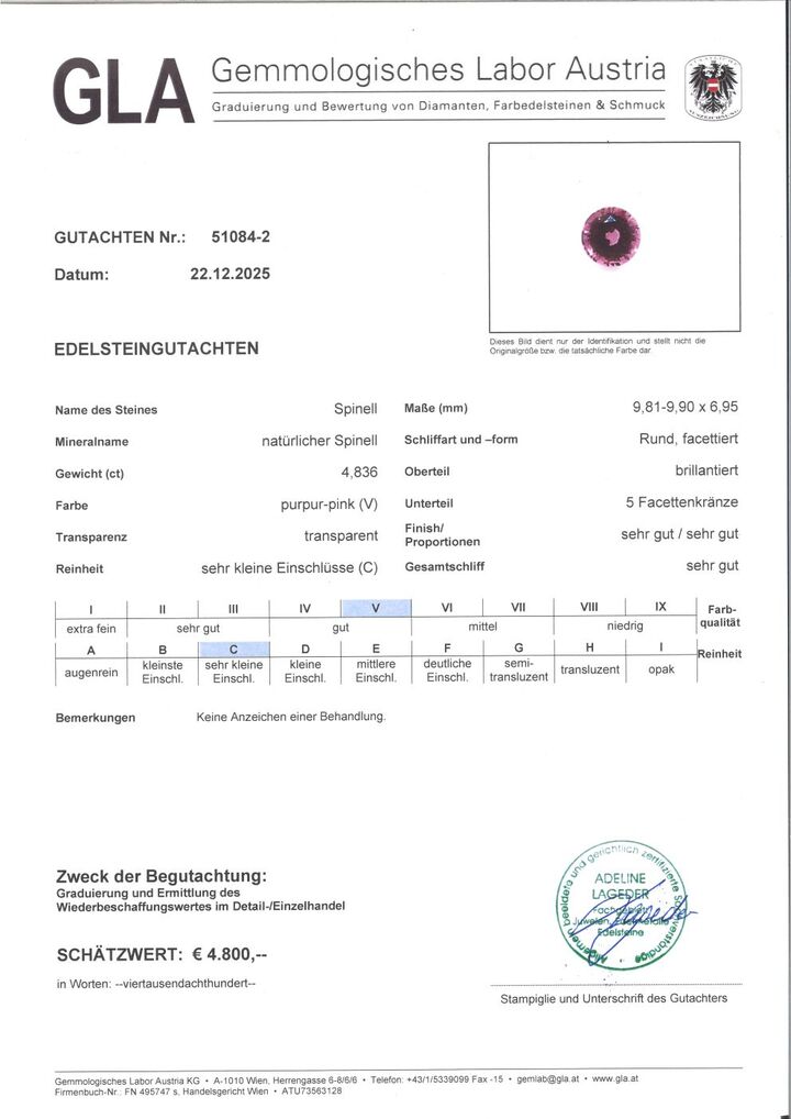 Gutachten zu Spinel round pinkish purple untreated 4.83 ct