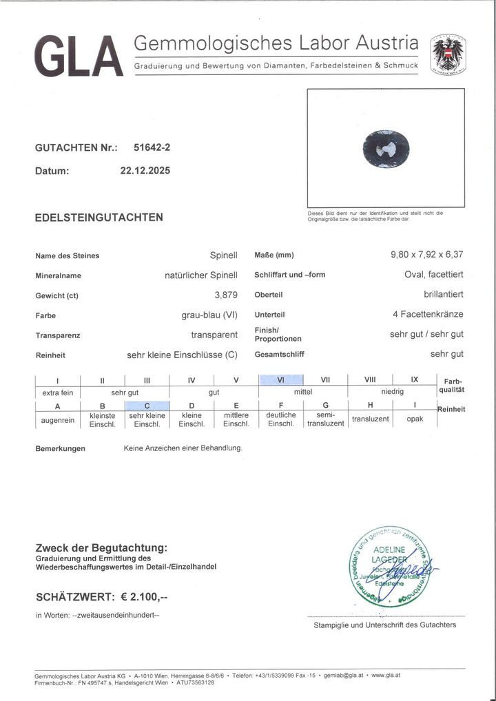 Gutachten zu Spinel oval blue 3.88 ct
