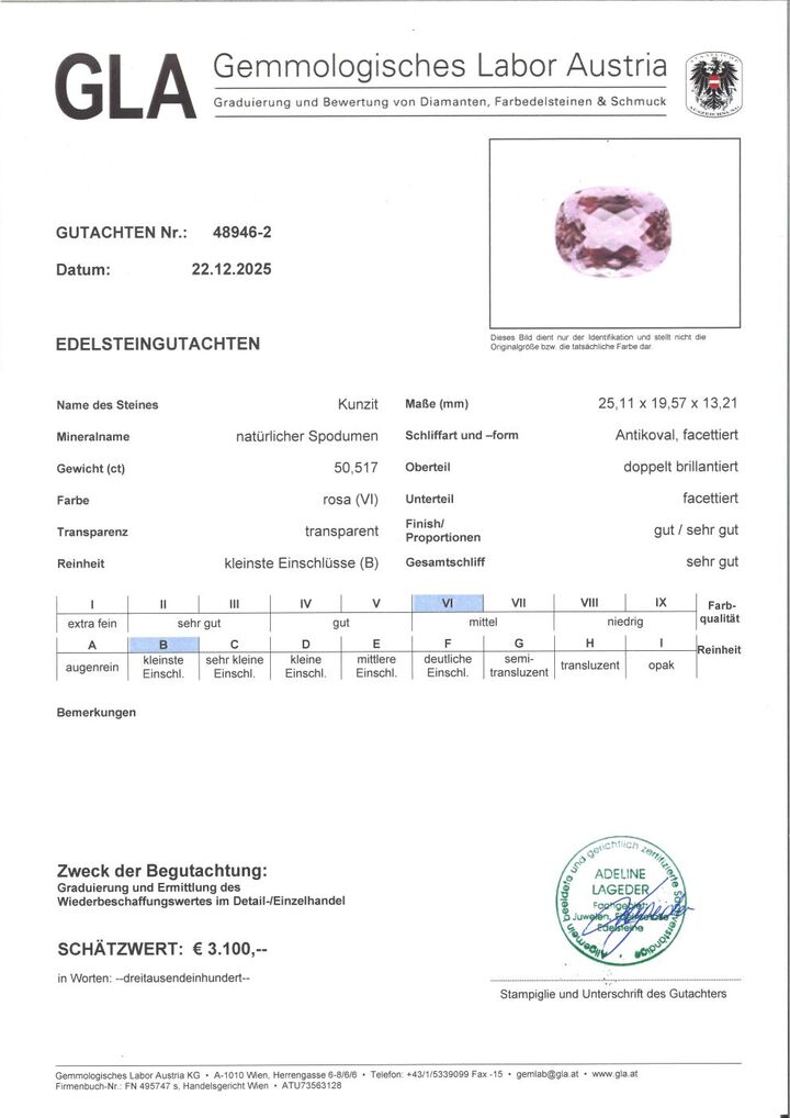 Gutachten zu Kunzit Antikoval 50,5 ct