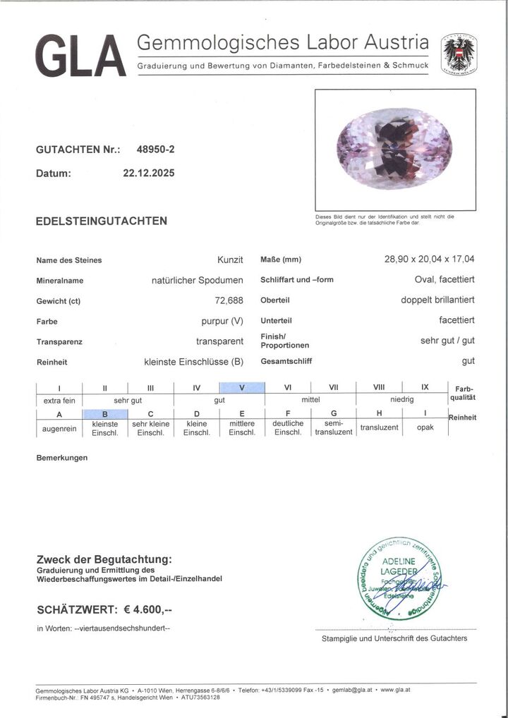 Gutachten zu Kunzit oval 72,68 ct