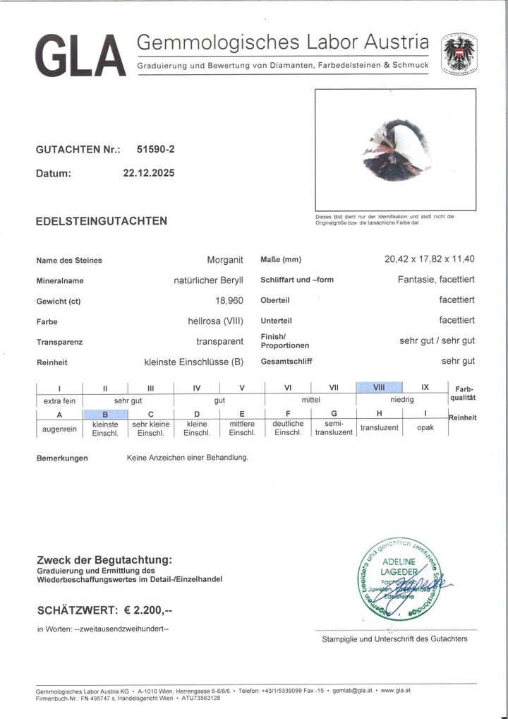 Gutachten zu Morganite Fantasy 18.96 ct