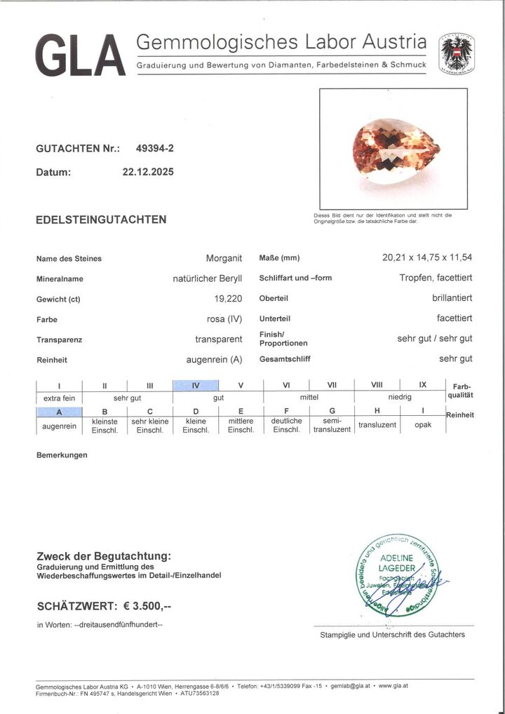 Gutachten zu Morganit Tropfen orangebraun-rosa 19,22 ct