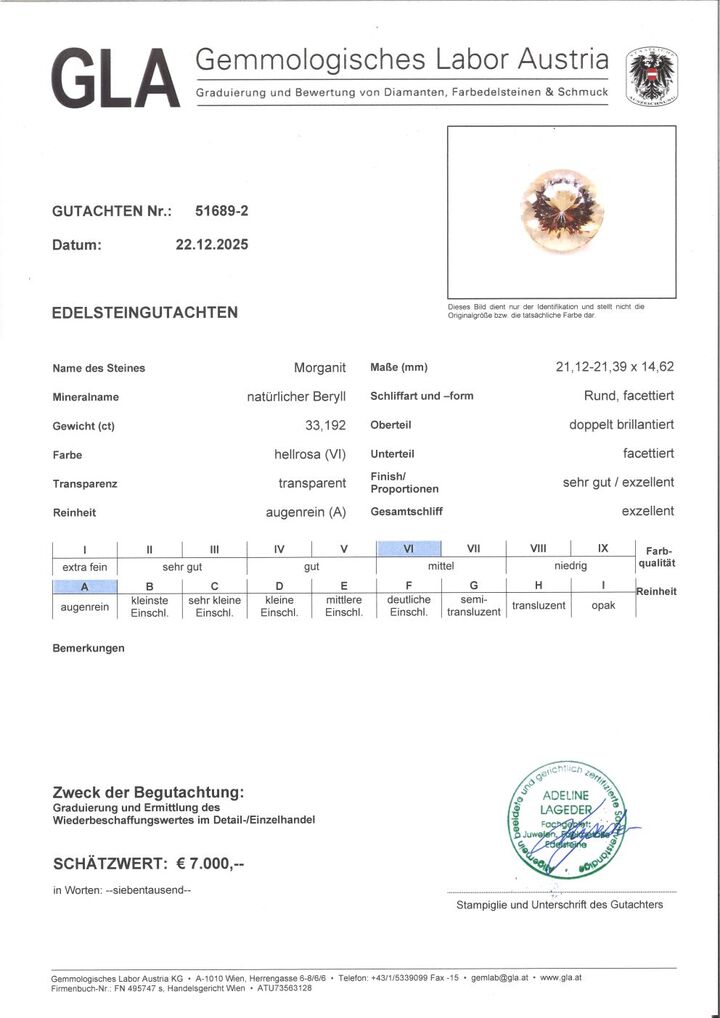 Gutachten zu Morganit Beryll rund hellrosa 33,19 ct