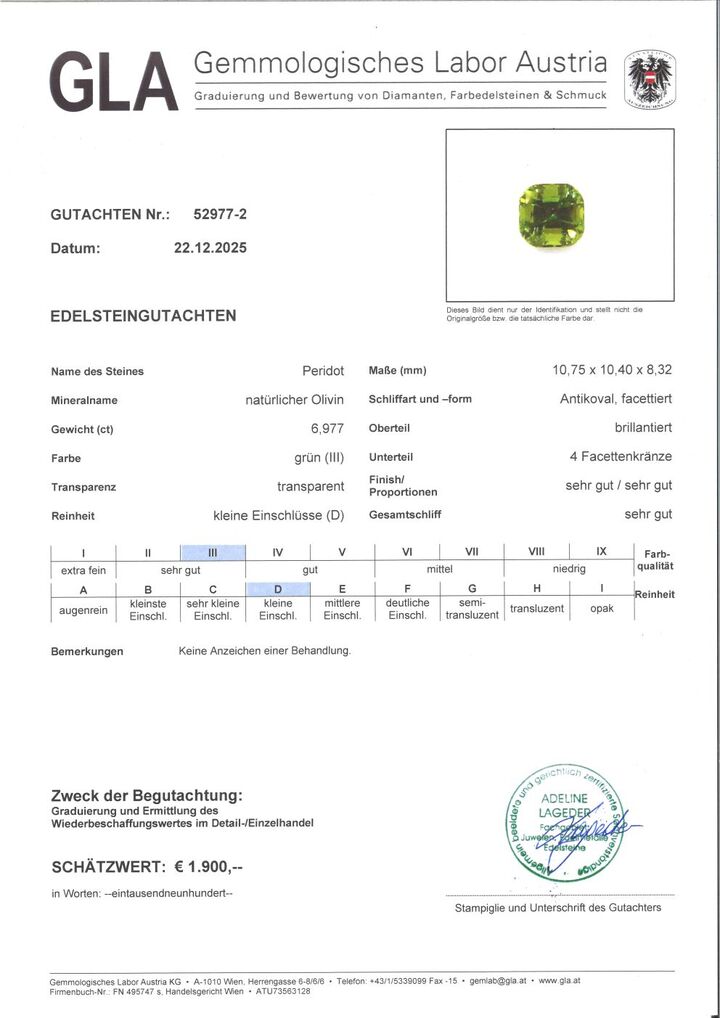 Gutachten zu Peridot cushion green 6.97 ct.