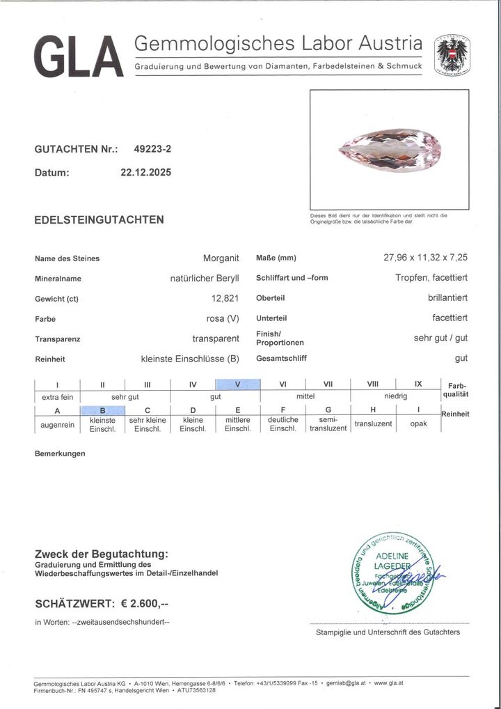Gutachten zu Morganit Tropfen 12,82 ct
