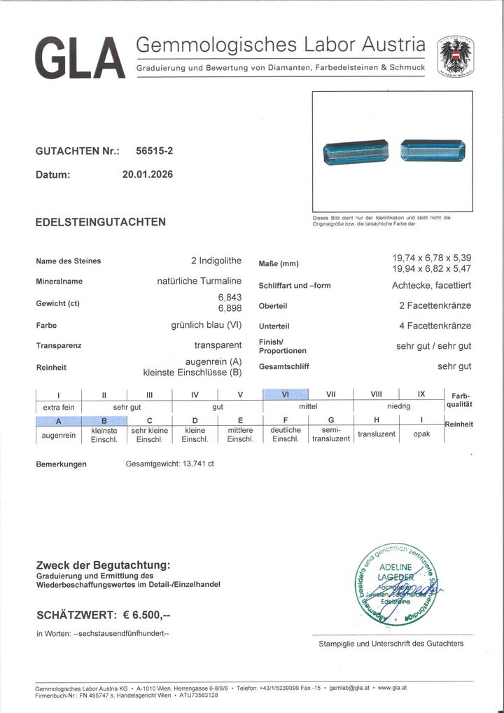 Gutachten zu Indicolite Pair Tourmalines Achteckschliffe blue 13.74 ct