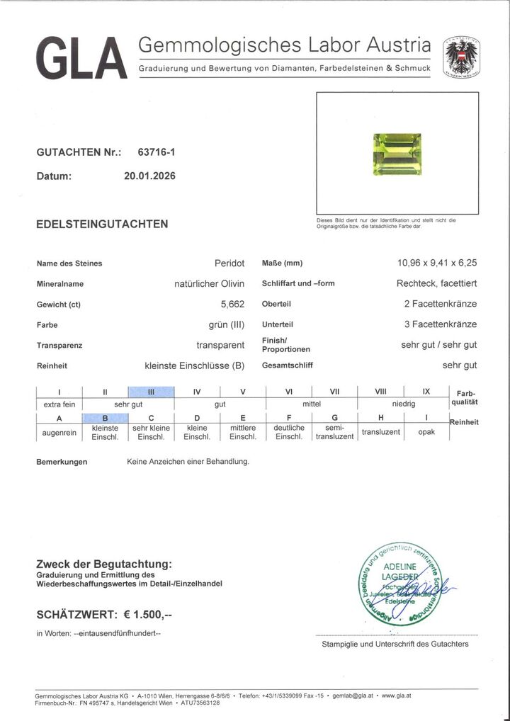 Gutachten zu Peridot Rechteck intensives Grün 5,66 ct.