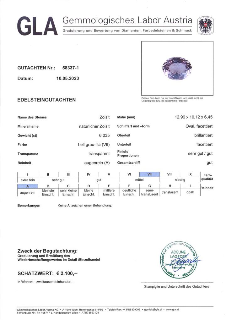 Gutachten zu Zoisit oval gräulich-lila unbehandelt 6,03 ct.