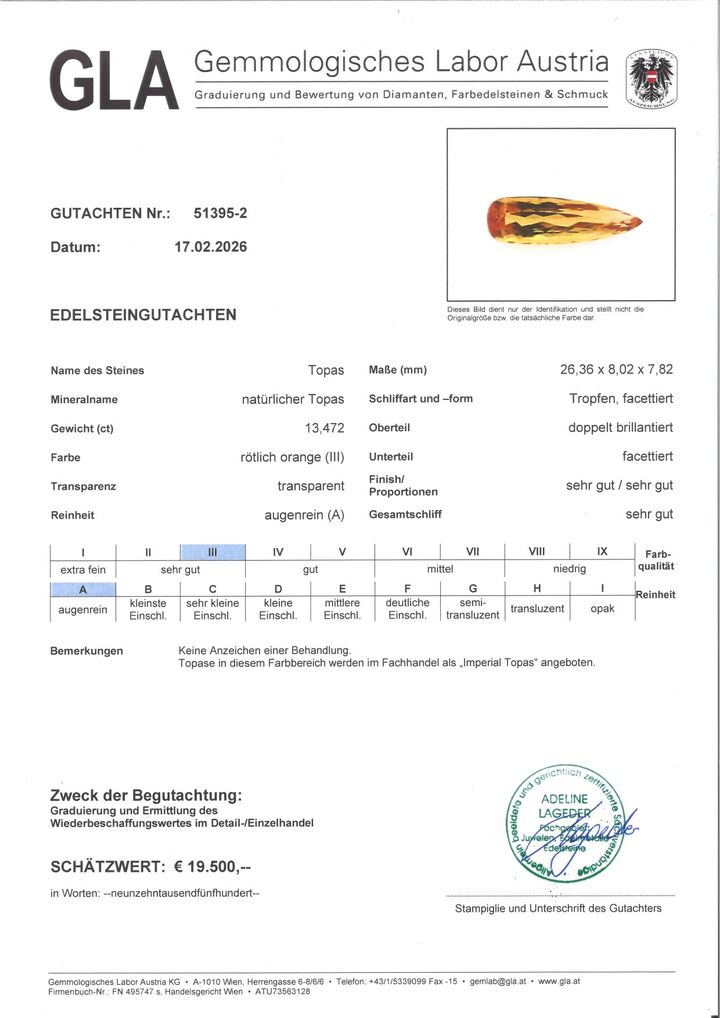 Gutachten zu Imperial Topas Tropfen orange 13,47 ct.