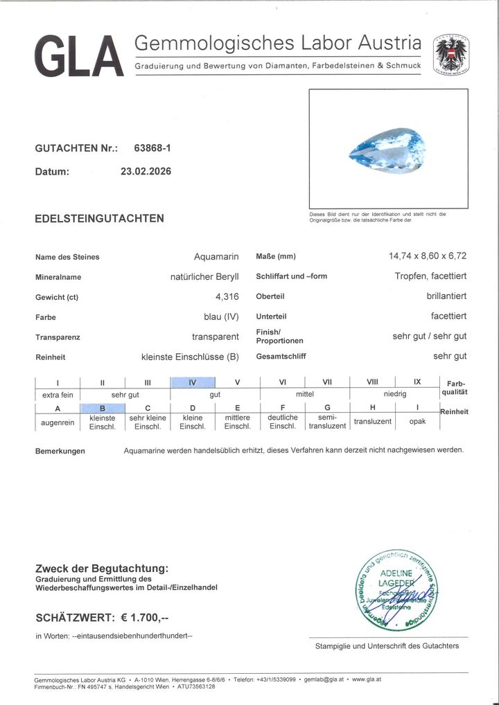 Gutachten zu Aquamarine pear light blue 4.31 ct.