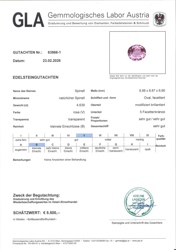 Gutachten zu Spinel oval pink untreated 4.63 ct.