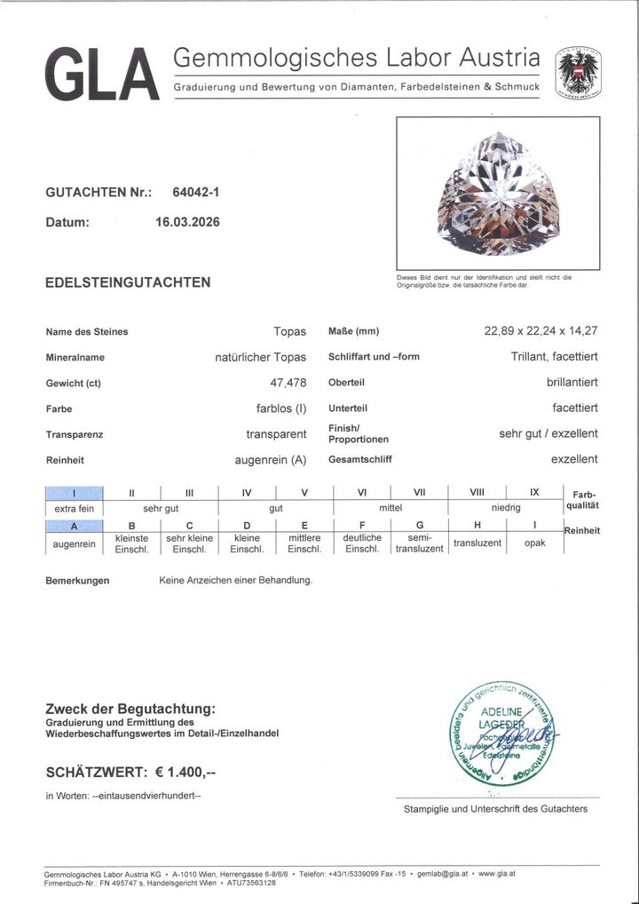 Gutachten zu Topaz trillion colorless 47.47 ct