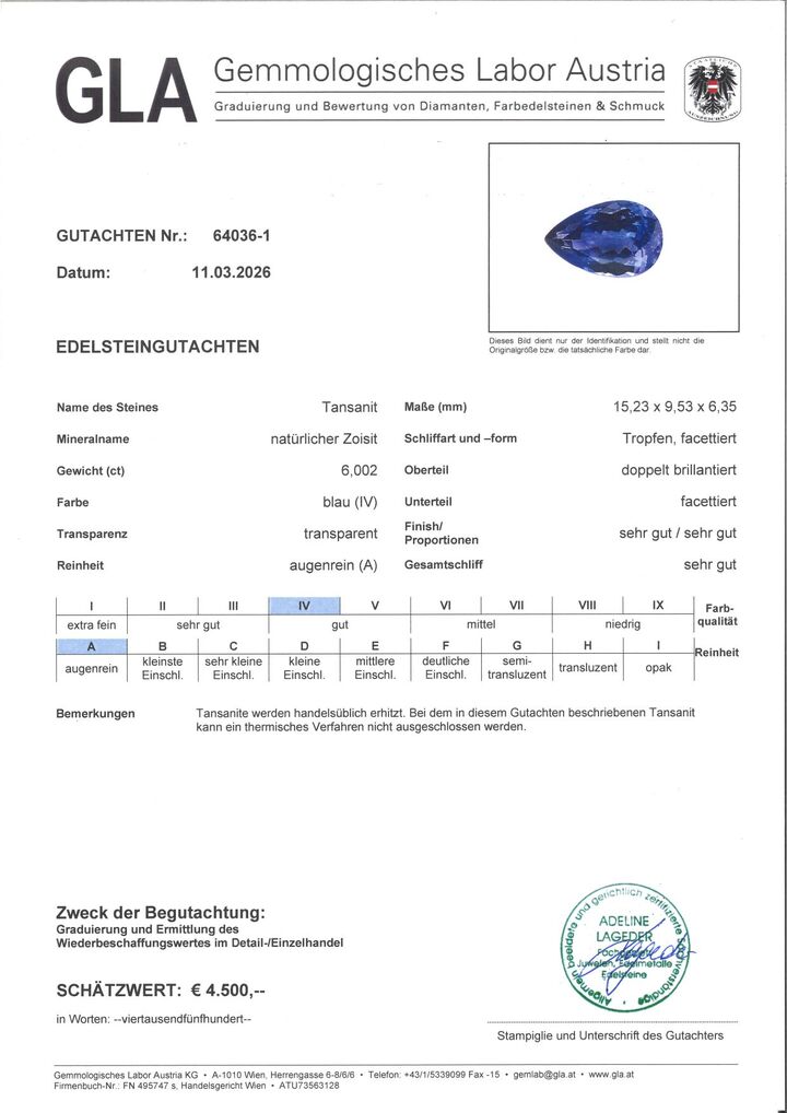 Gutachten zu Tanzanite pear blue 6.00 ct.