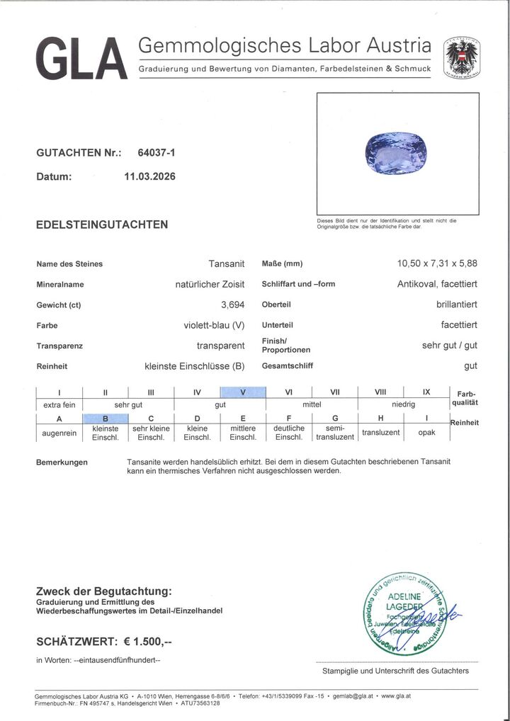 Gutachten zu Tanzanite cushion lilac blue 3.69 ct.