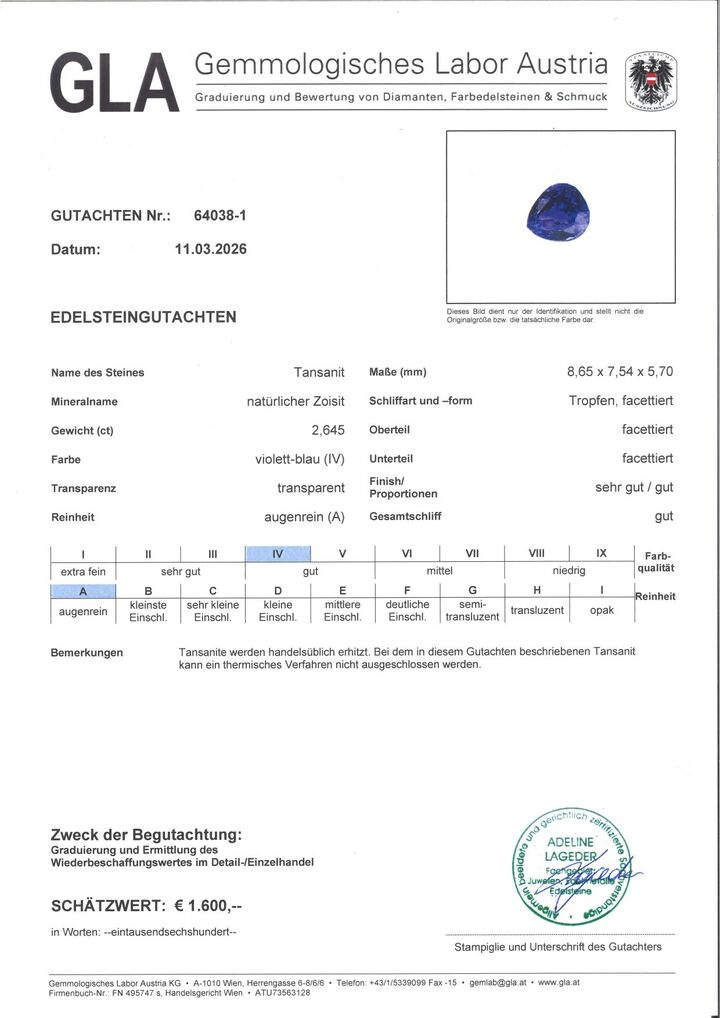 Gutachten zu Tanzanite pear intense blue 2.64 ct.