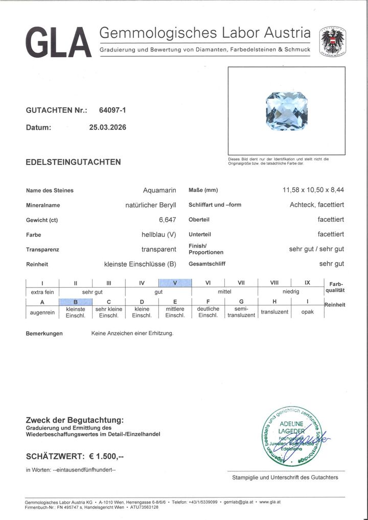 Gutachten zu Aquamarine octagon light blue untreated 6.64 ct