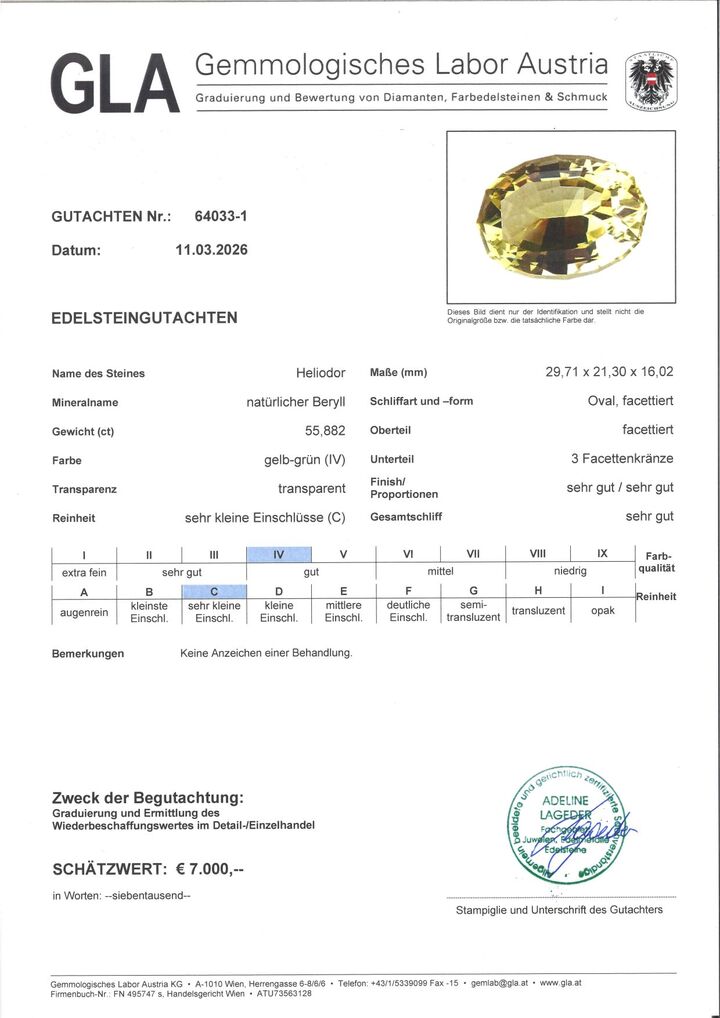 Gutachten zu Heliodor Edelberyll oval grünlich-gelb unbehandelt 55,88 ct.
