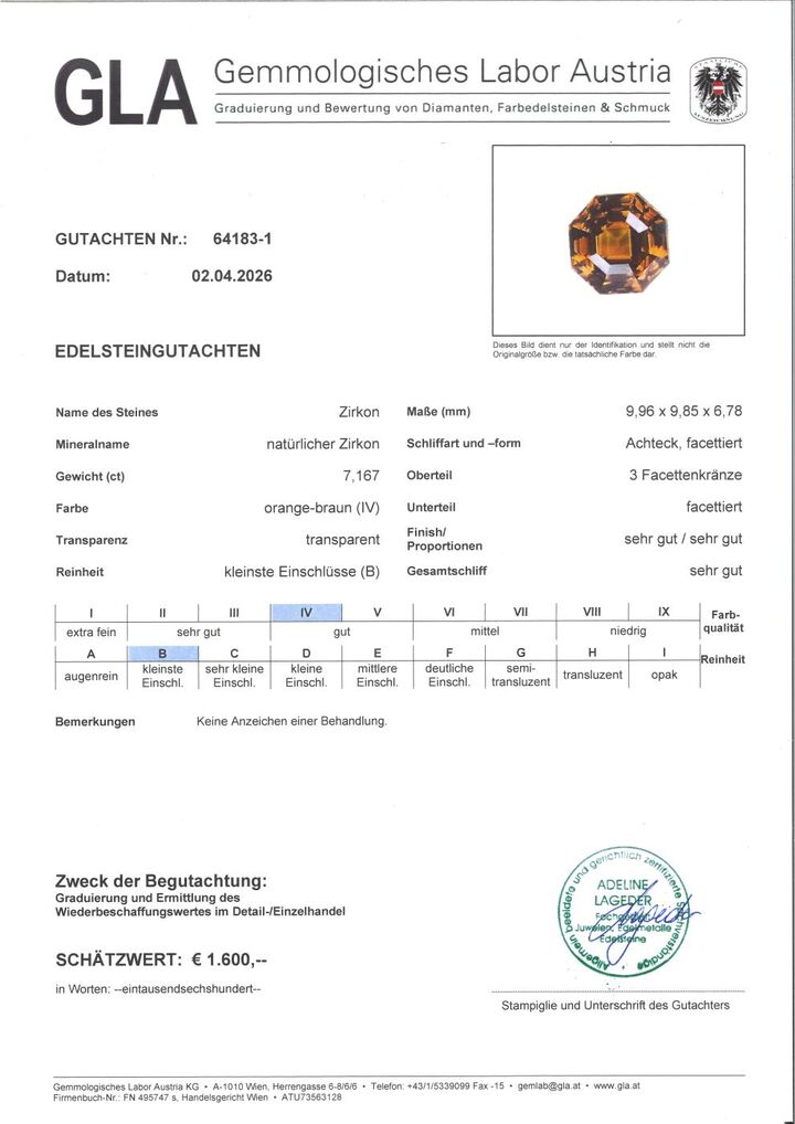 Gutachten zu Zirkon design-octagon dunkelorange 7,16 ct