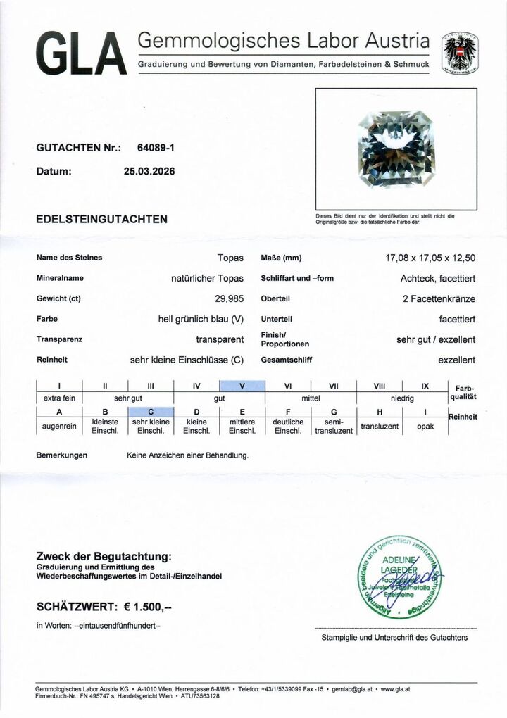 Gutachten zu Topaz Design-Achteck light blue untreated 29.98 ct.