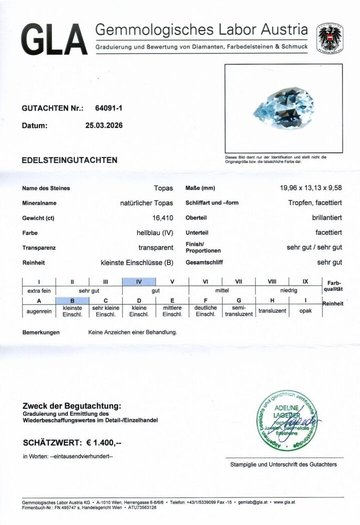 Gutachten zu Topas Tropfen hellblau unbehandelt 16,41 ct.
