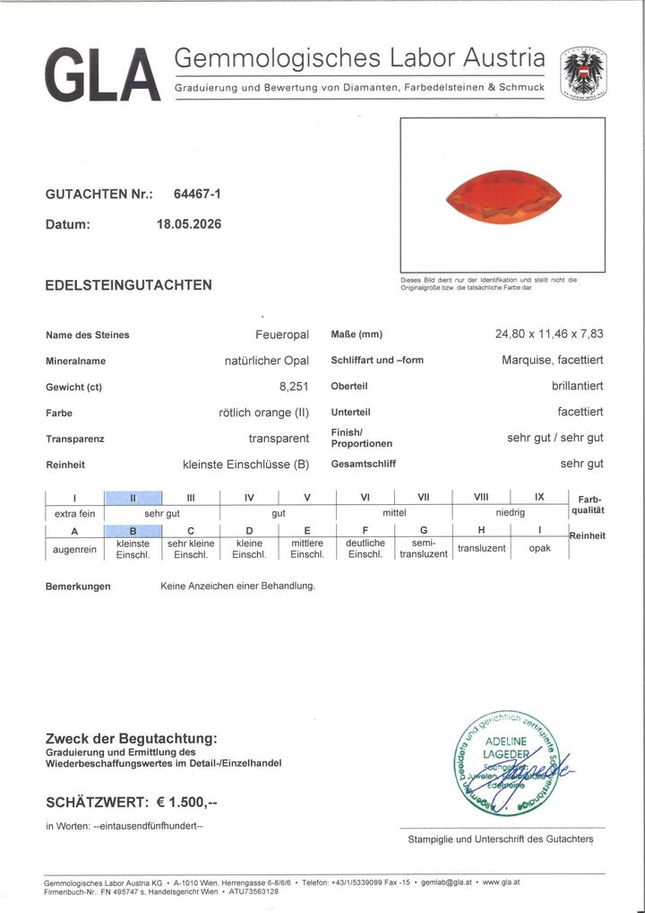 Gutachten zu Feueropal Navette orangerot 8,25 ct.