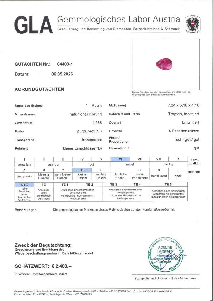 Gutachten zu Ruby pear purple red untreated 1.28 ct.