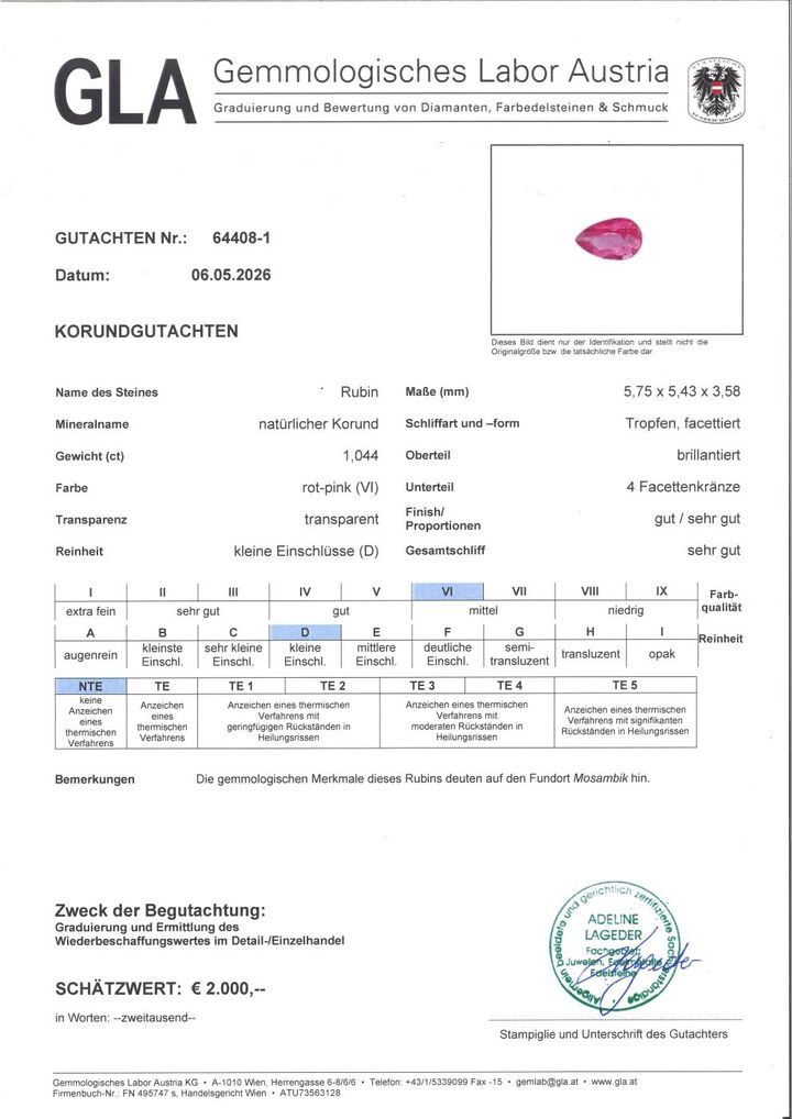 Gutachten zu Rubin Tropfen pink-rot unbehandelt 1,04 ct.